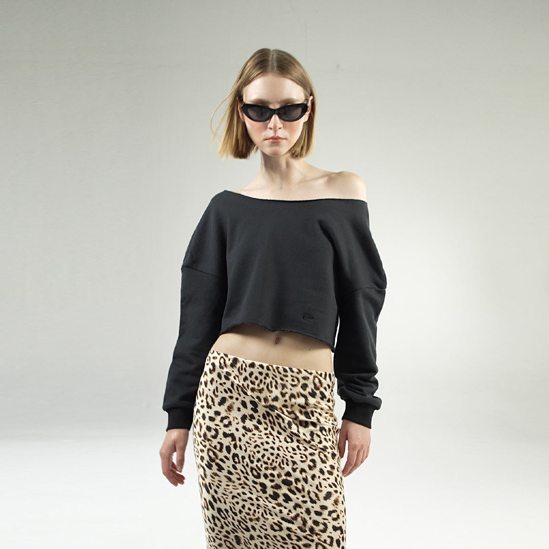 OFF SHOULDERS TERRY CROPPED TOP (BLACK)