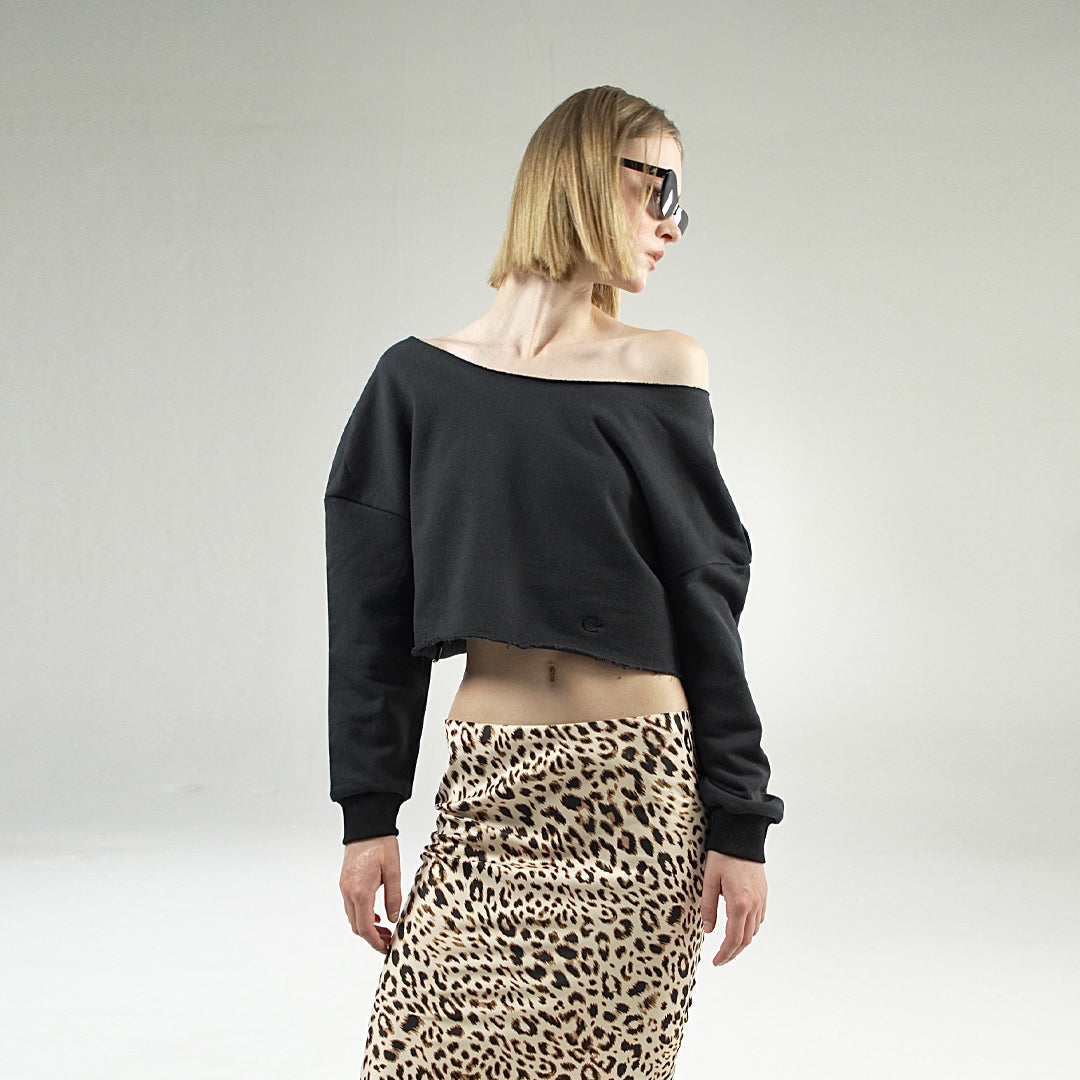 OFF SHOULDERS TERRY CROPPED TOP (BLACK)