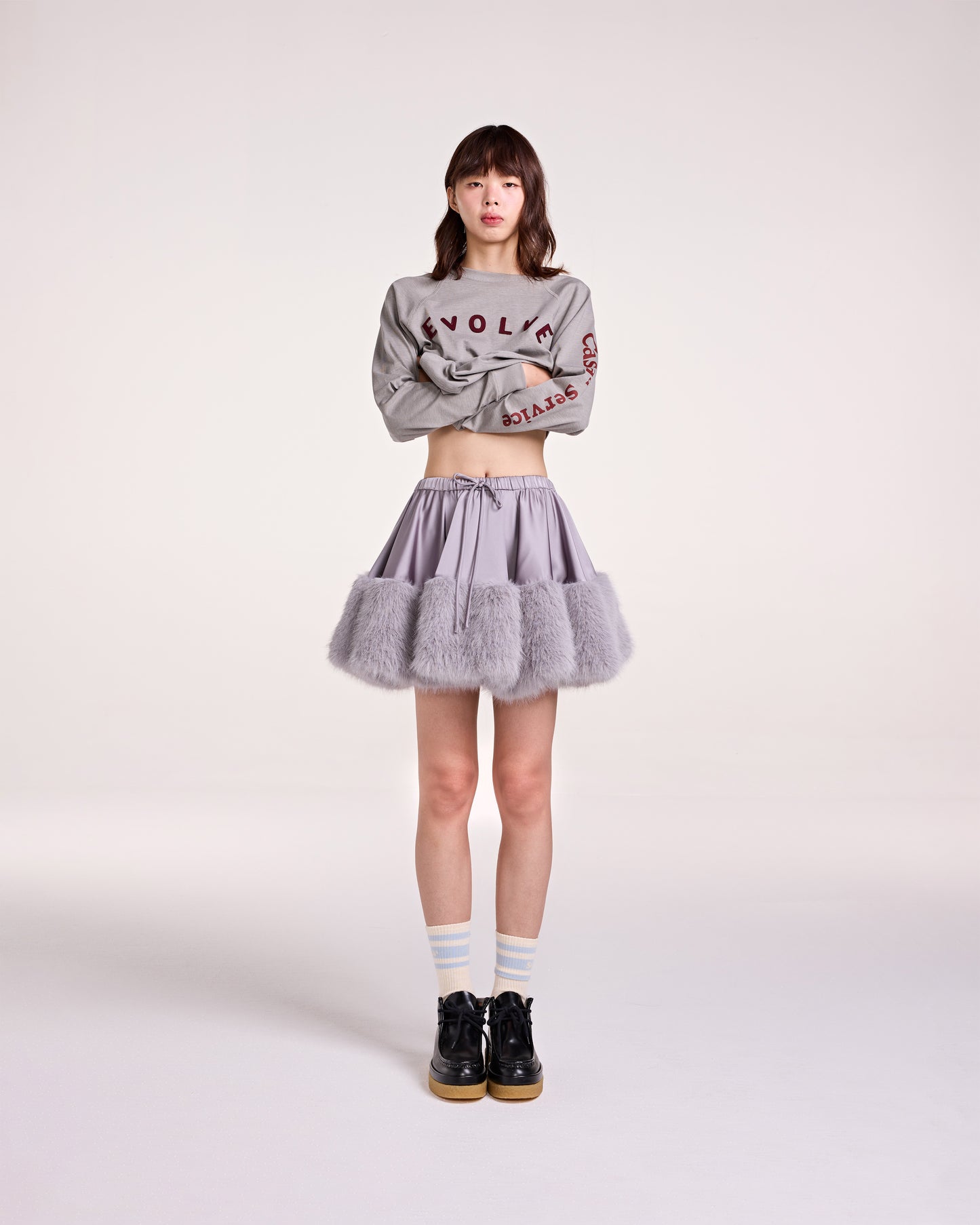SATIN FUR MINI SKIRT (GREY)
