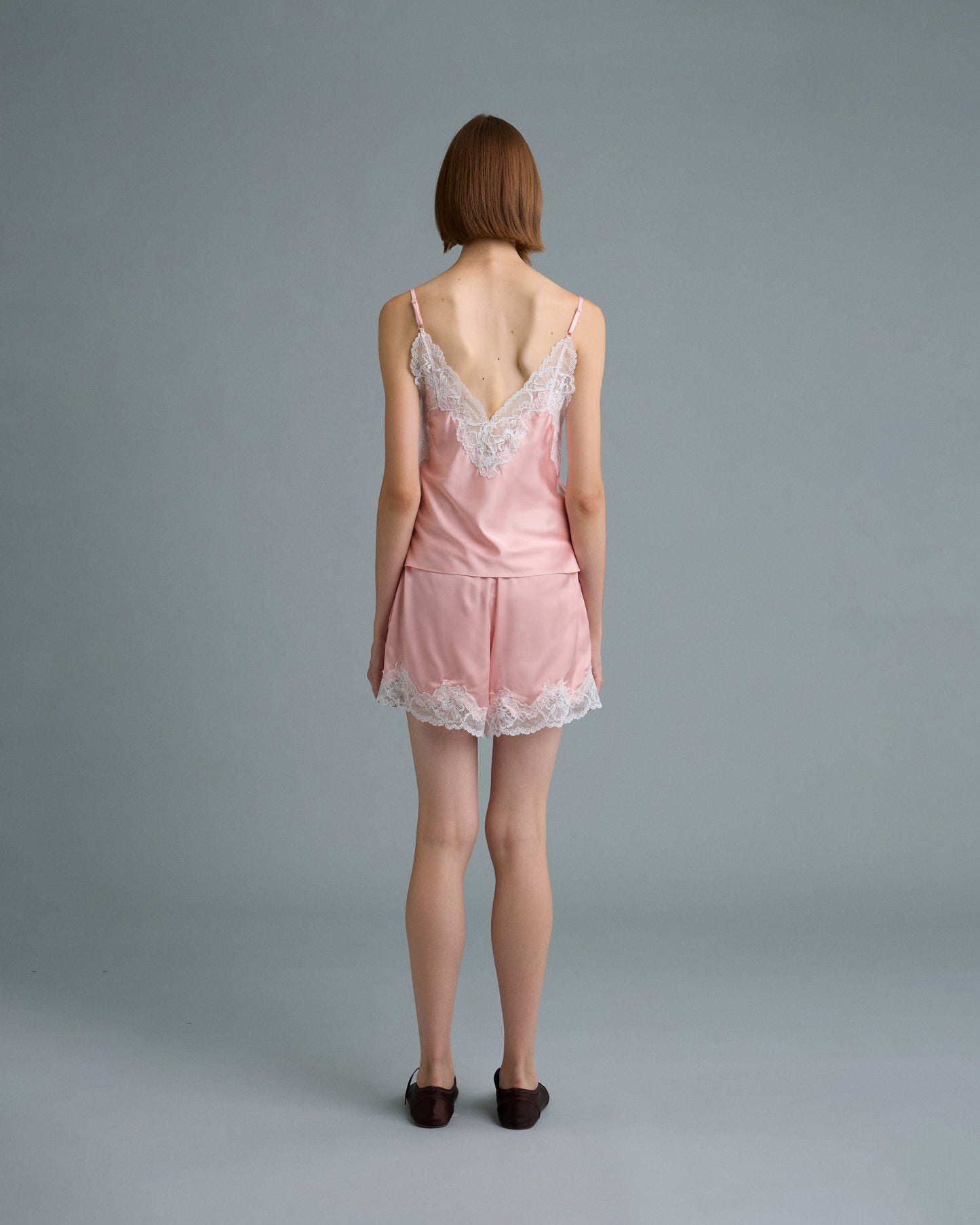 C LACE TRIMMED SATIN SHORTS (PEACH)