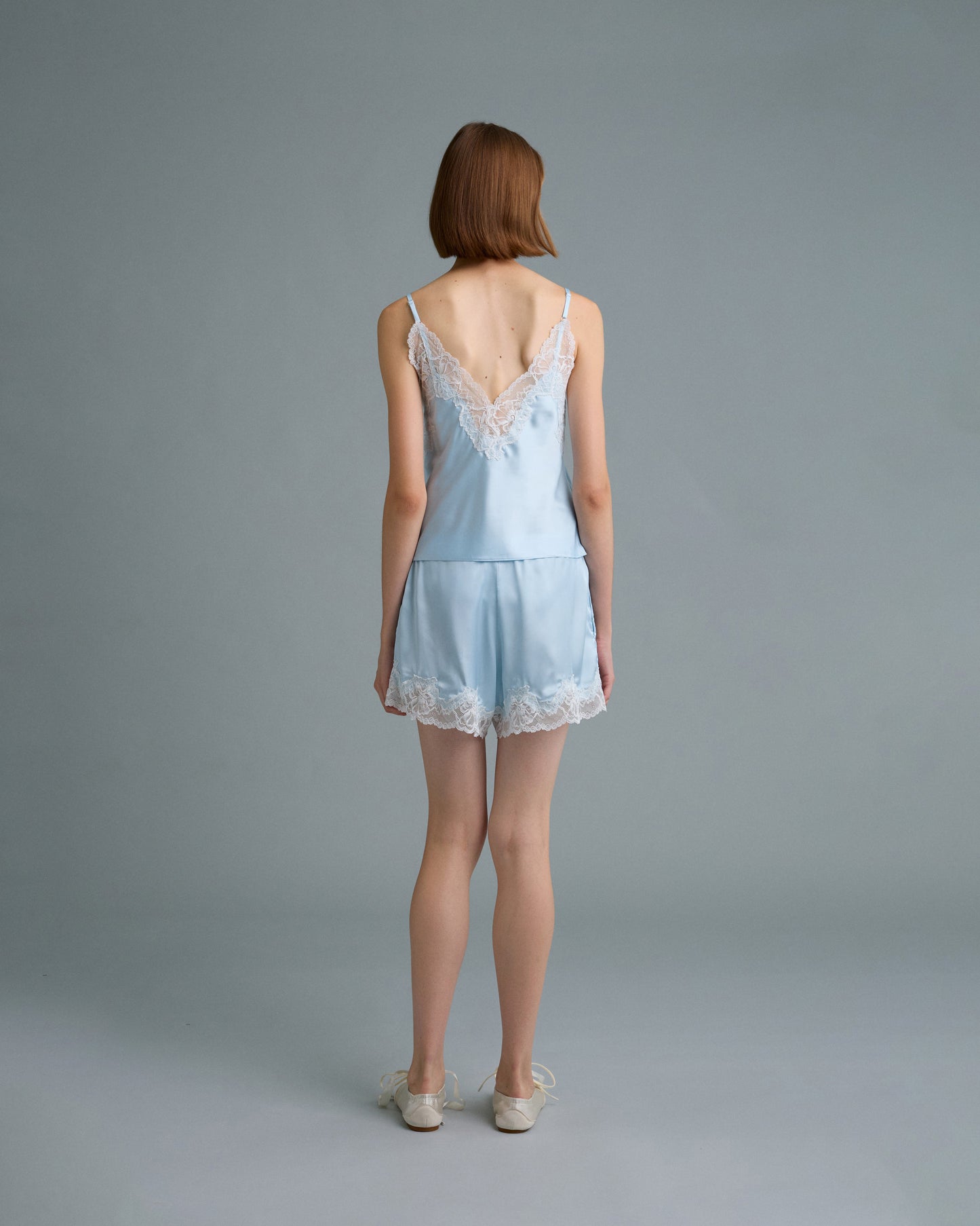 C LACE TRIMMED SATIN SHORTS (BLUE)