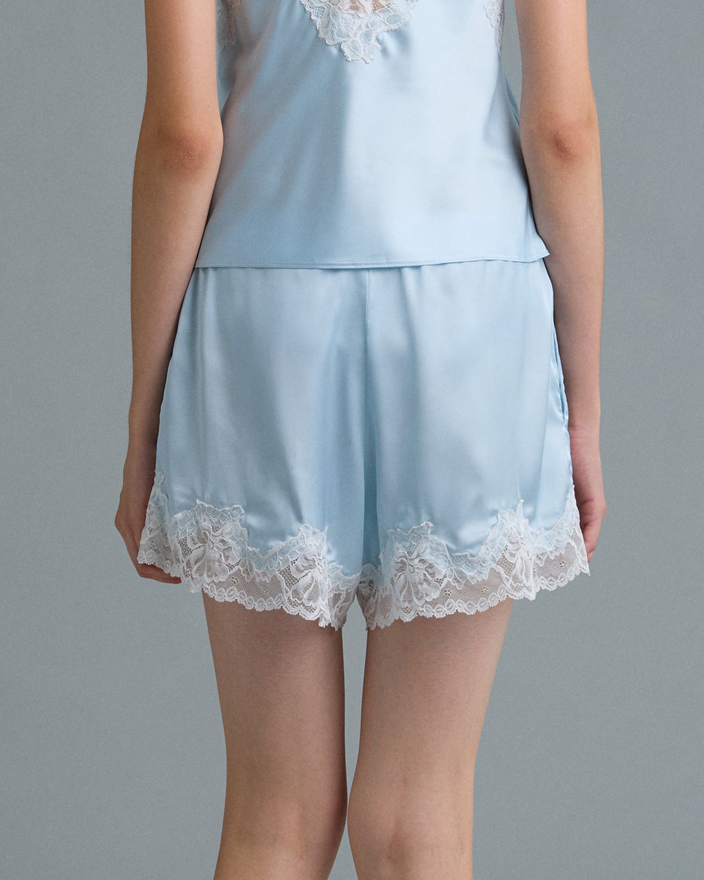 C LACE TRIMMED SATIN SHORTS (BLUE)