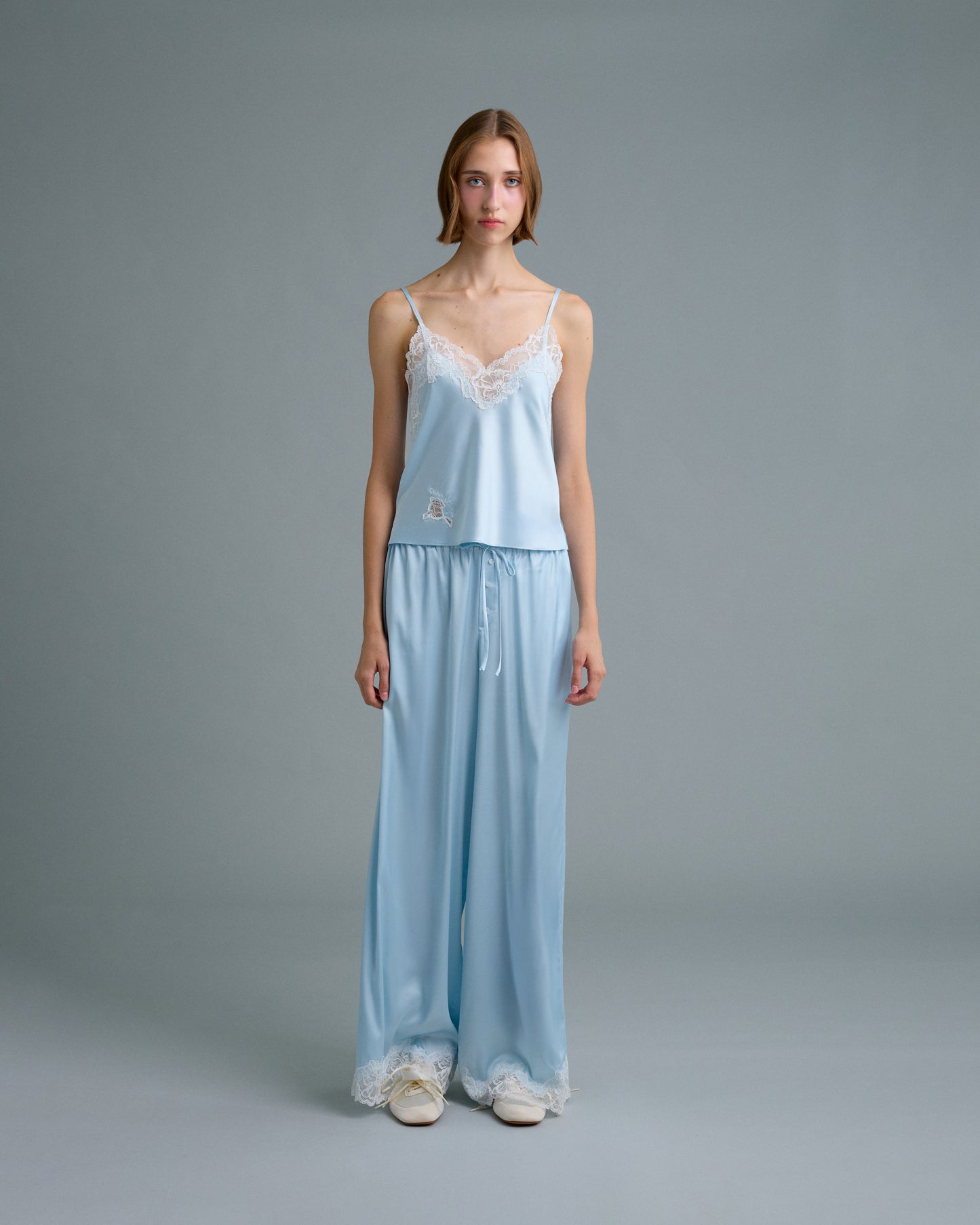 C LACE TRIMMED SATIN PANTS (BLUE)