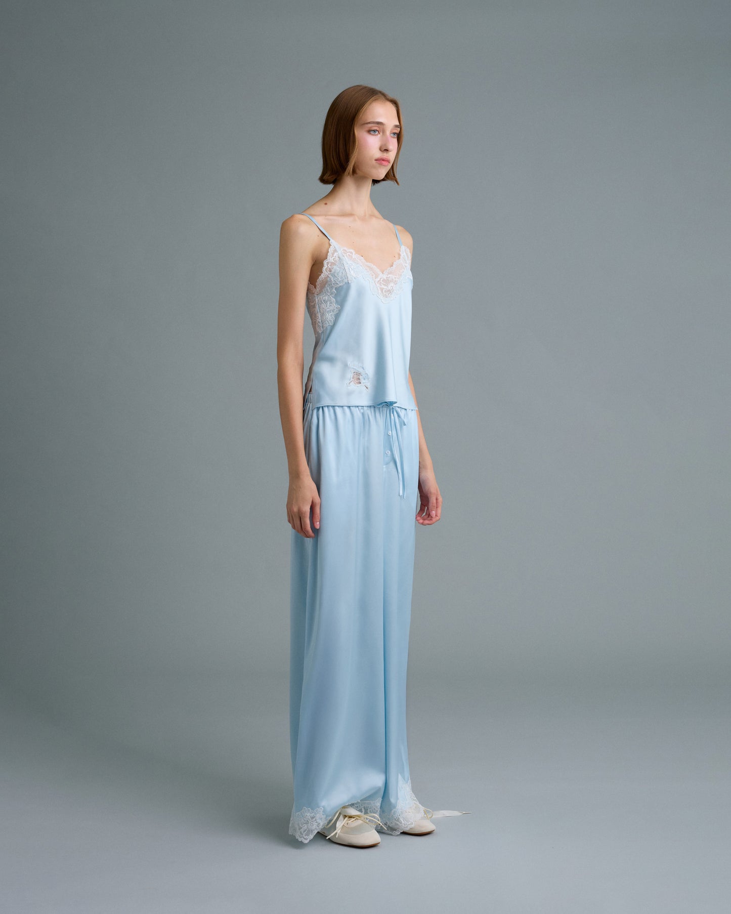 C LACE TRIMMED SATIN PANTS (BLUE)