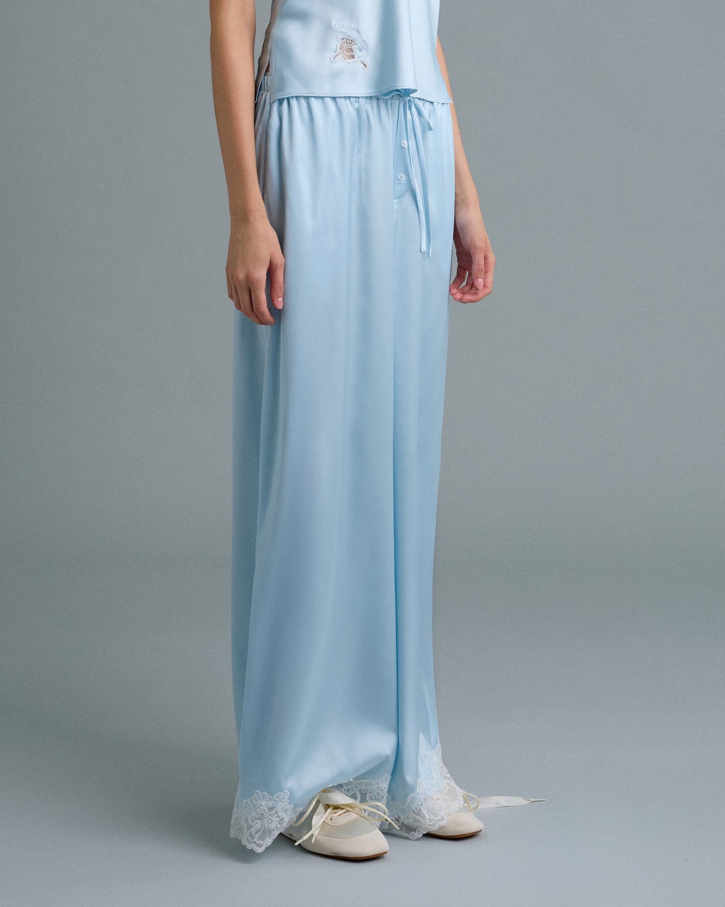 C LACE TRIMMED SATIN PANTS (BLUE)