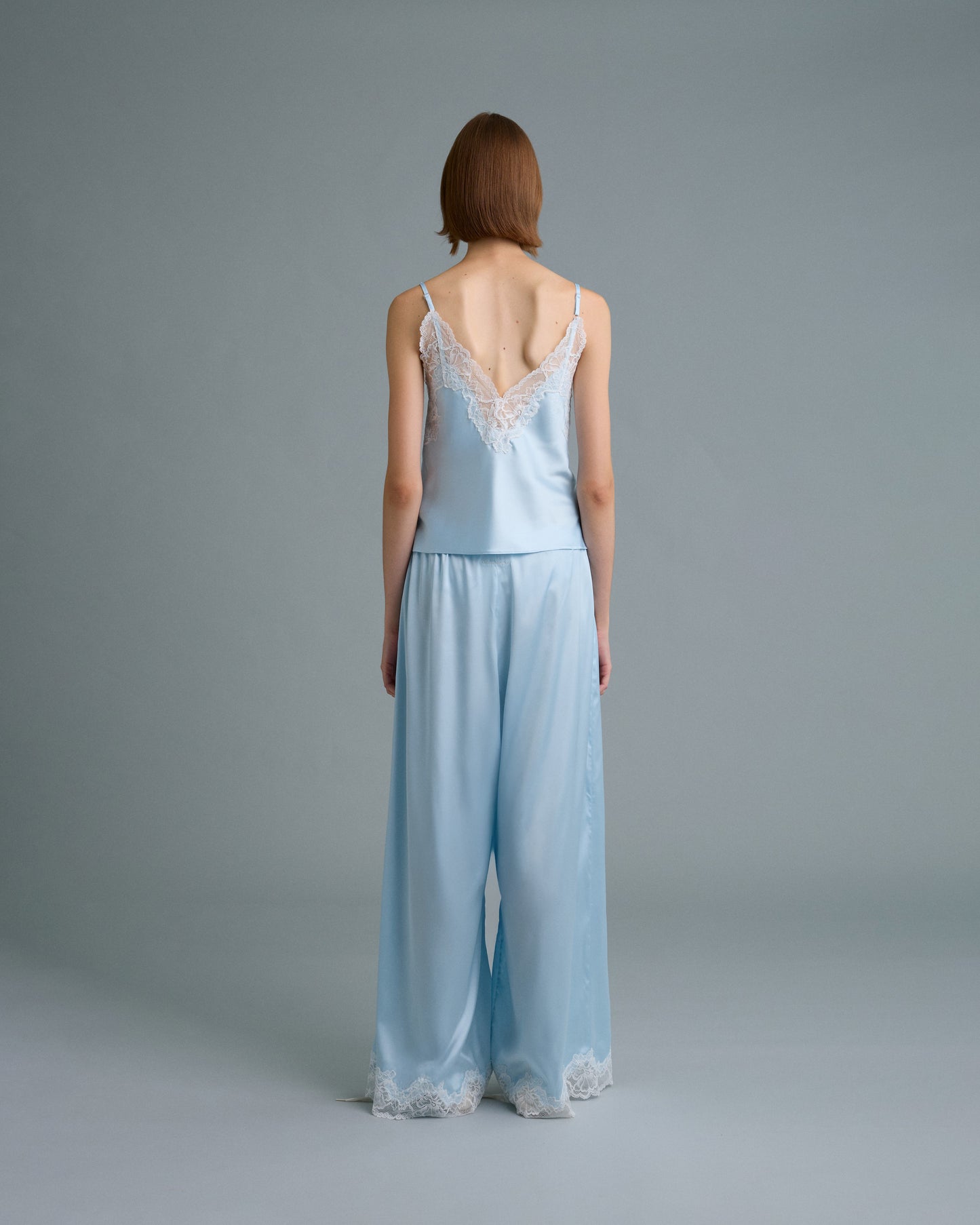 C LACE TRIMMED SATIN PANTS (BLUE)