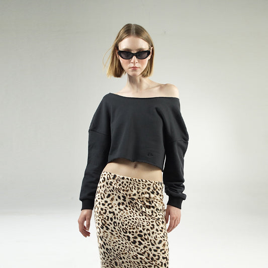OFF SHOULDERS TERRY CROPPED TOP (BLACK)
