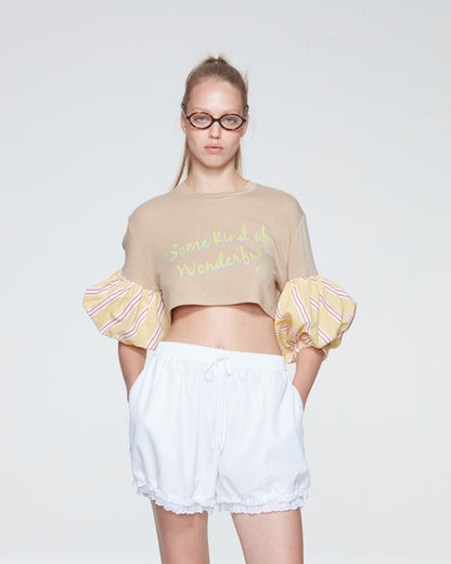 PUFFED SLEEVES CROPPED TOP (KHAKI)