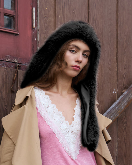 FAUX FUR HOOD SCARF BLACK