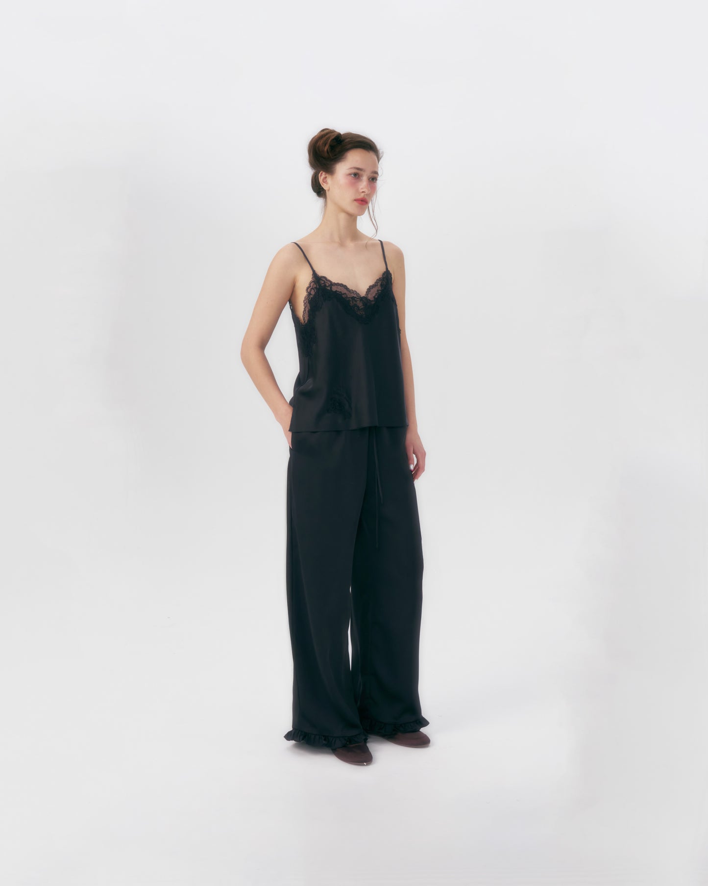 SATIN PANTS WITH RUFFLE HEM (BLACK)