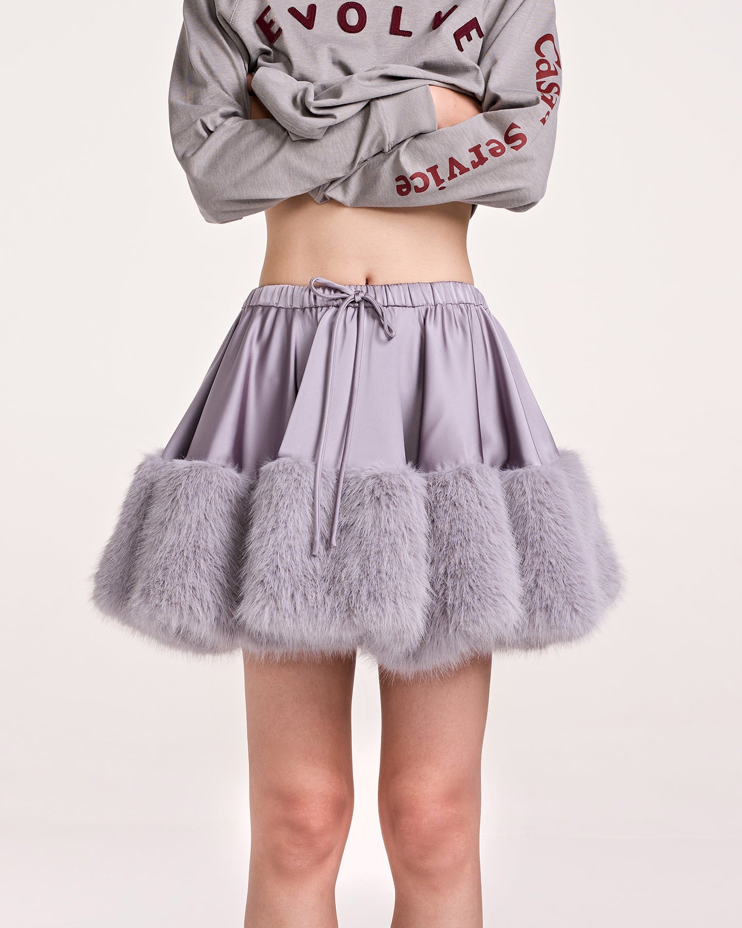 SATIN FUR MINI SKIRT (GREY)