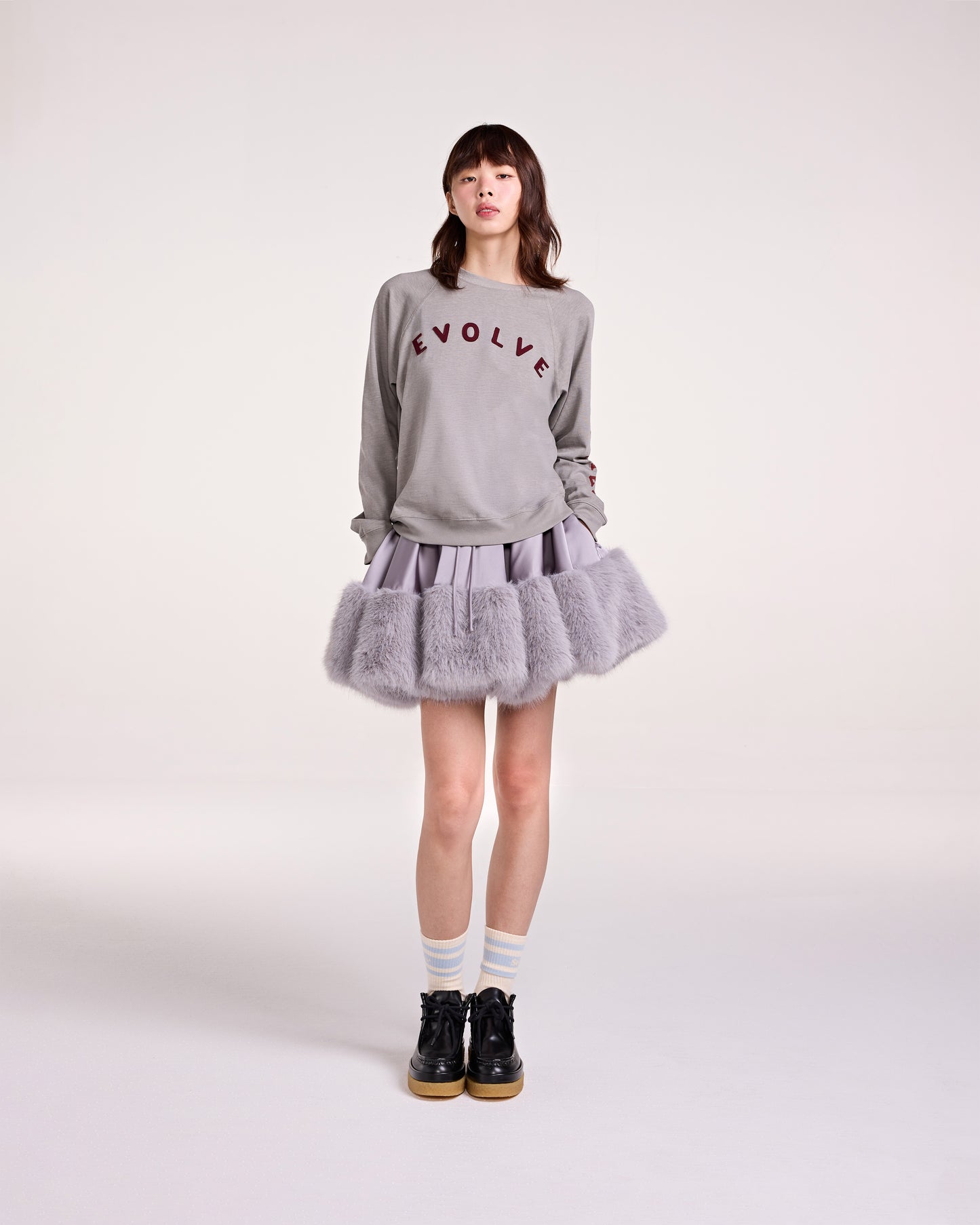 SATIN FUR MINI SKIRT (GREY)