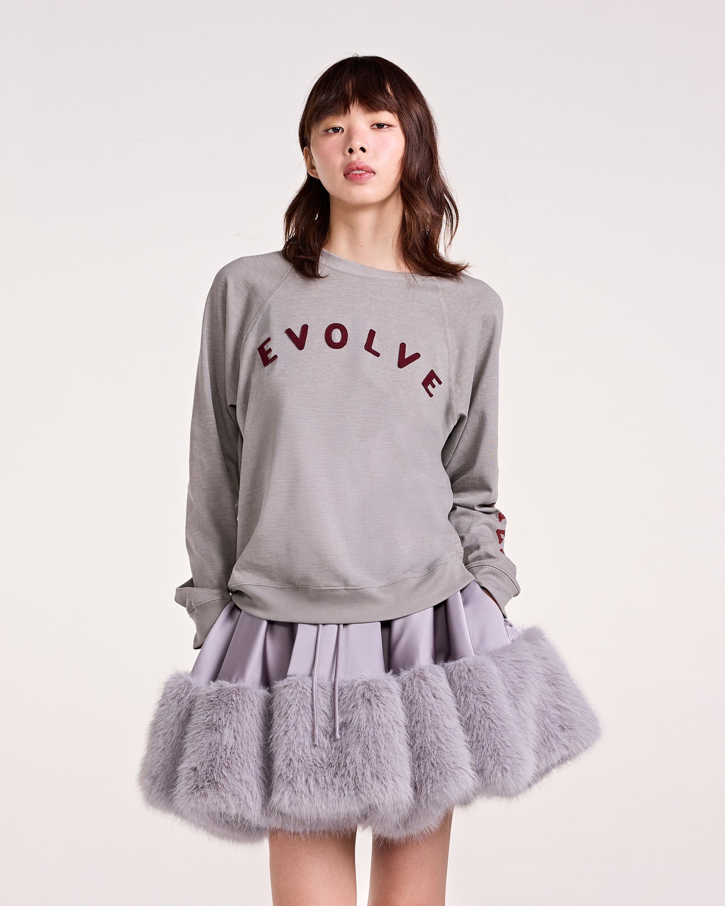 SATIN FUR MINI SKIRT (GREY)