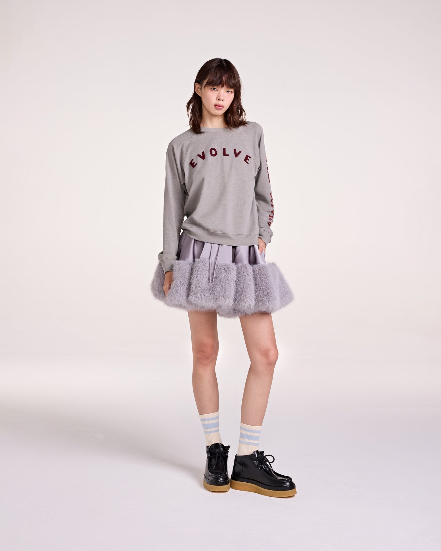 SATIN FUR MINI SKIRT (GREY)