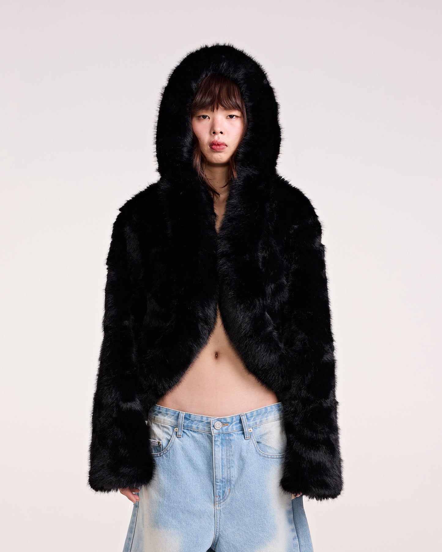 HOODIE FAUX FUR JACKET (BLACK)