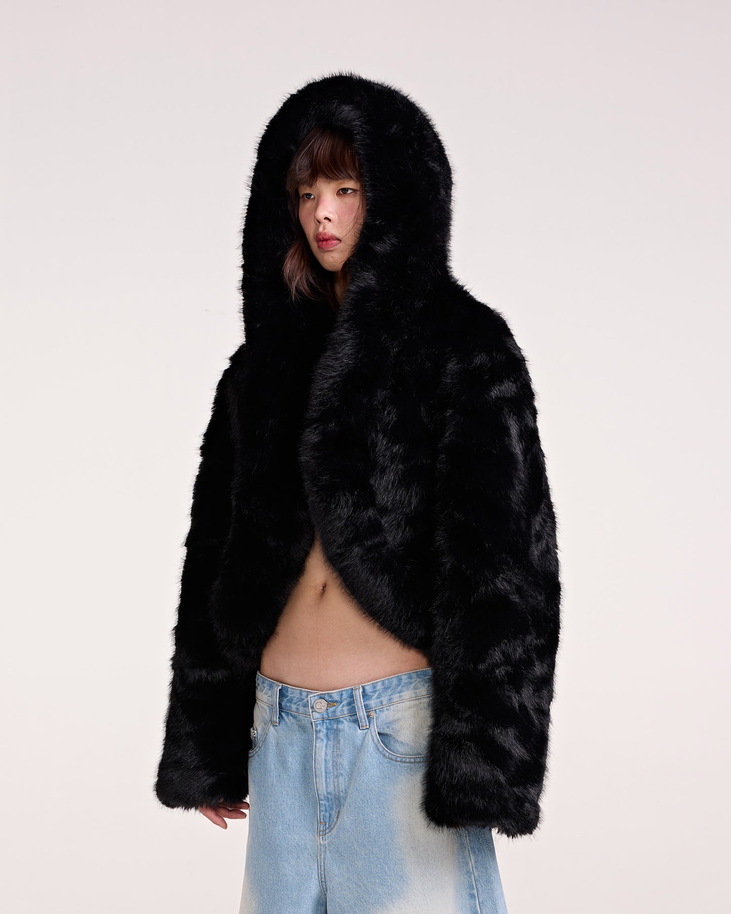HOODIE FAUX FUR JACKET (BLACK)
