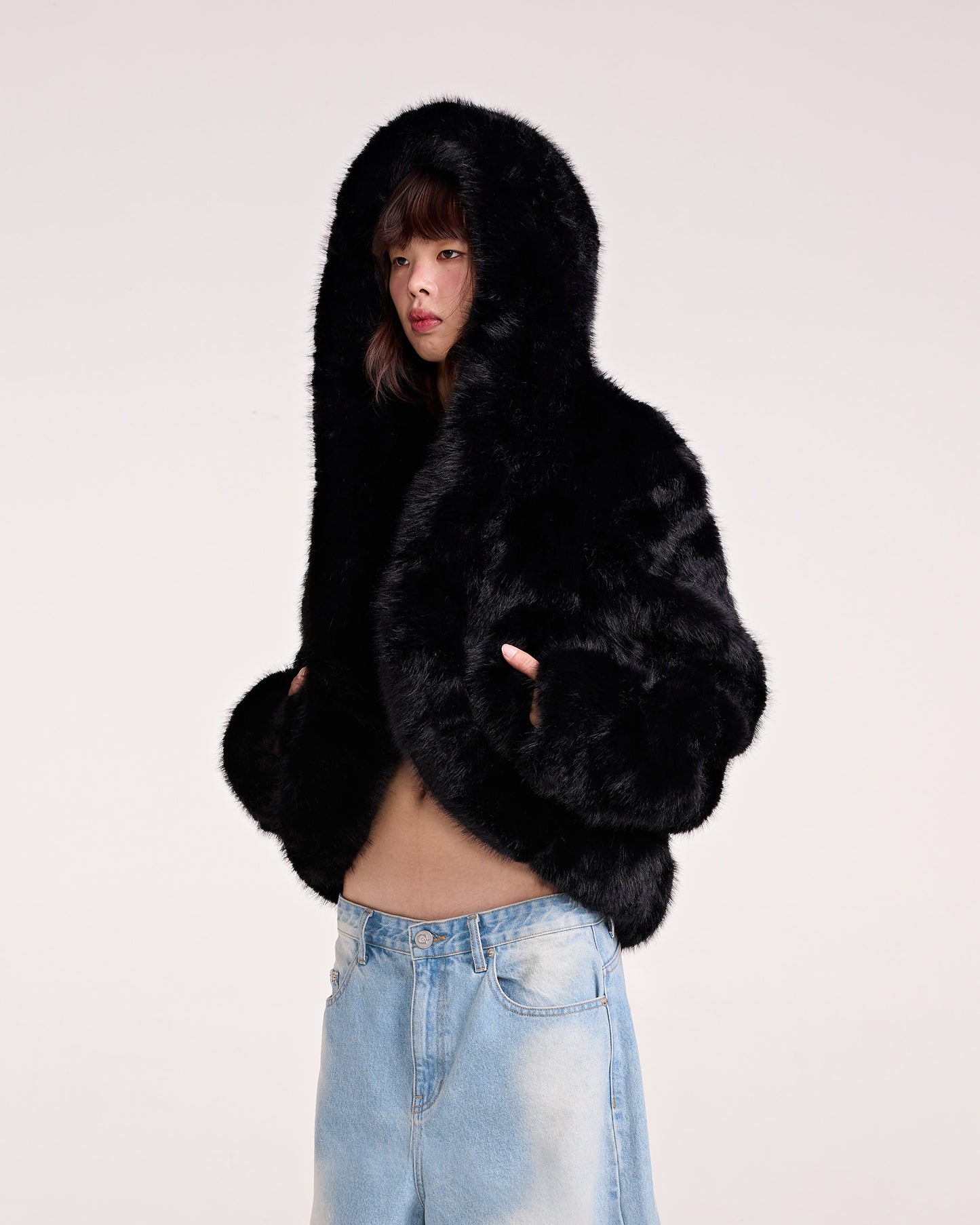 HOODIE FAUX FUR JACKET (BLACK)