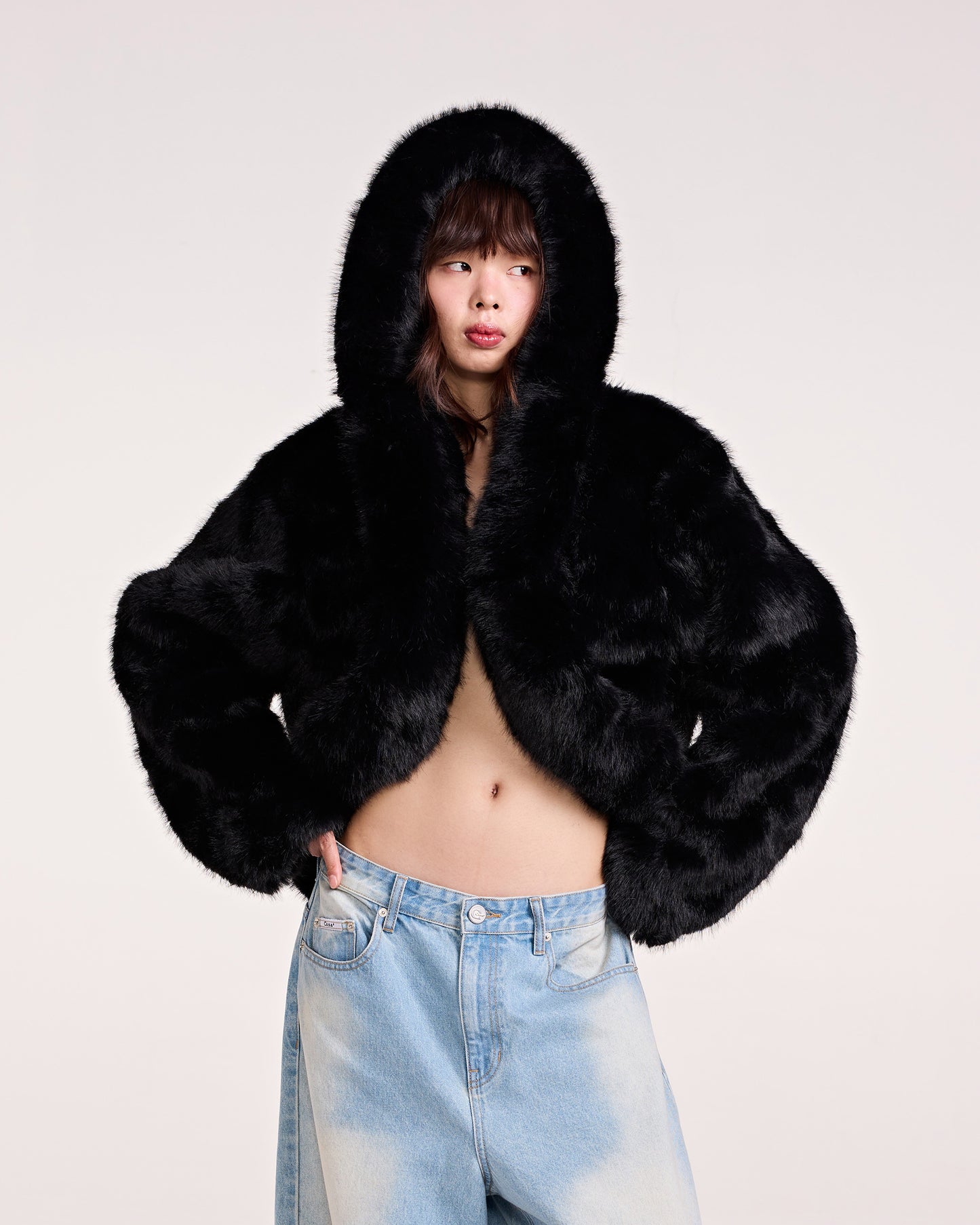 HOODIE FAUX FUR JACKET (BLACK)