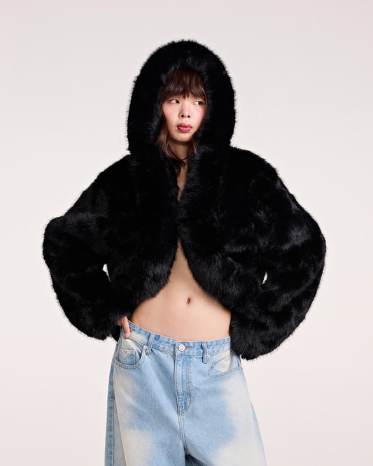 HOODIE FAUX FUR JACKET (BLACK)