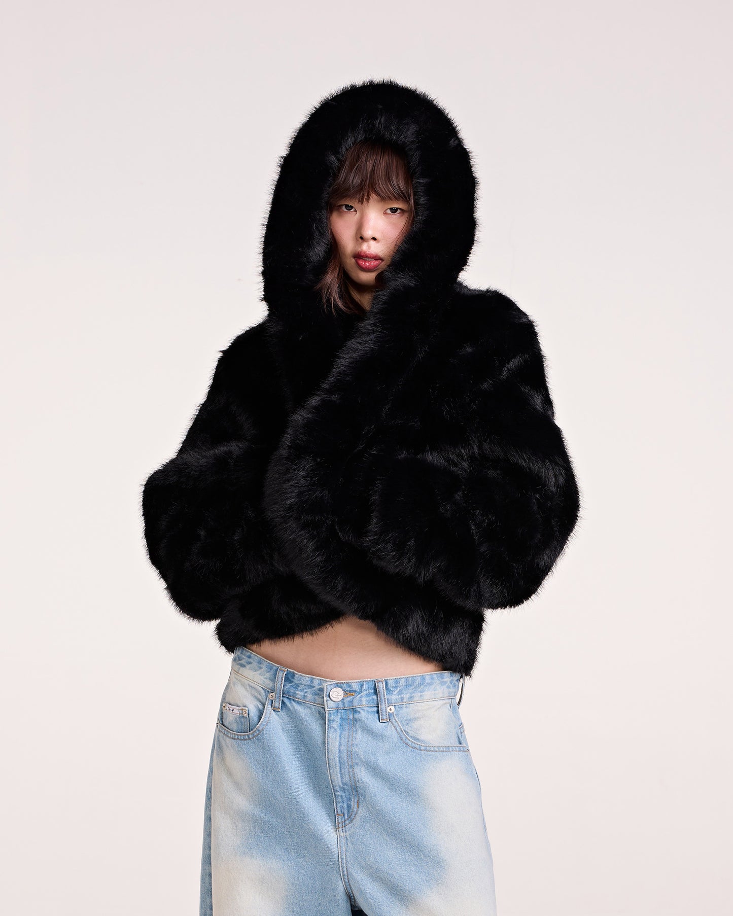 HOODIE FAUX FUR JACKET (BLACK)
