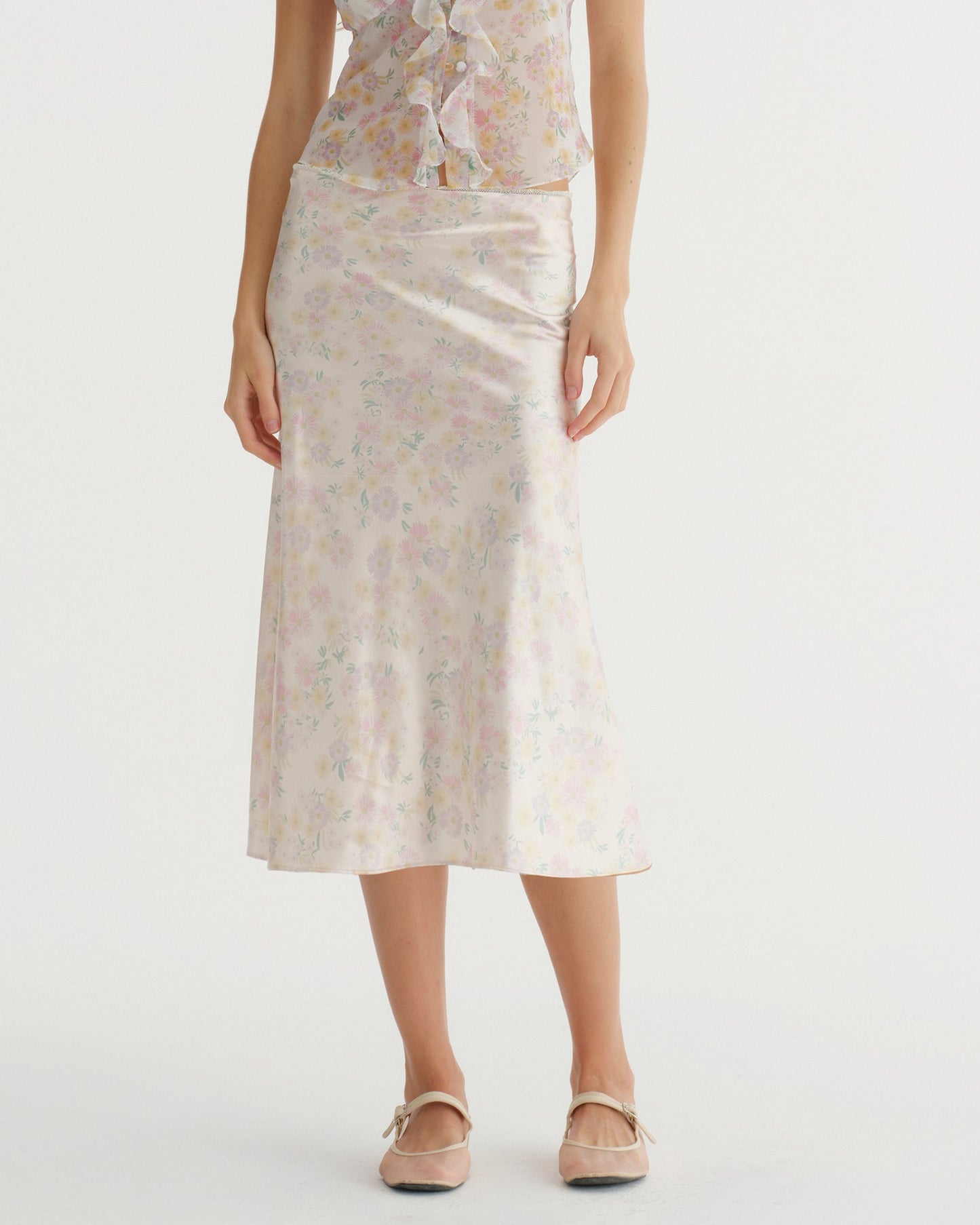 SATIN C FLOWER PRINT SKIRT (YELLOW)