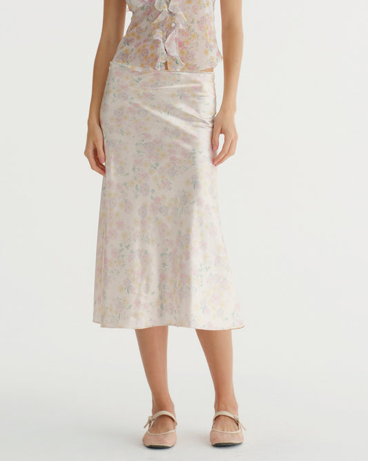 SATIN C FLOWER PRINT SKIRT (YELLOW)