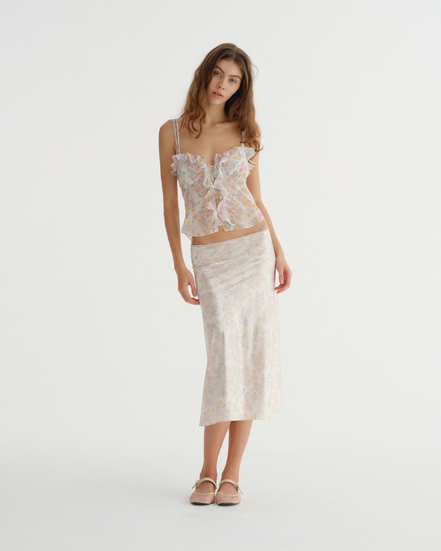 SATIN C FLOWER PRINT SKIRT (YELLOW)