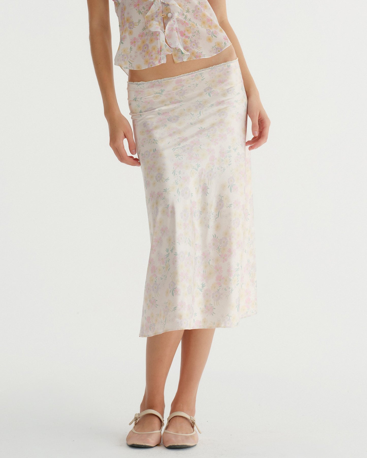 SATIN C FLOWER PRINT SKIRT (YELLOW)