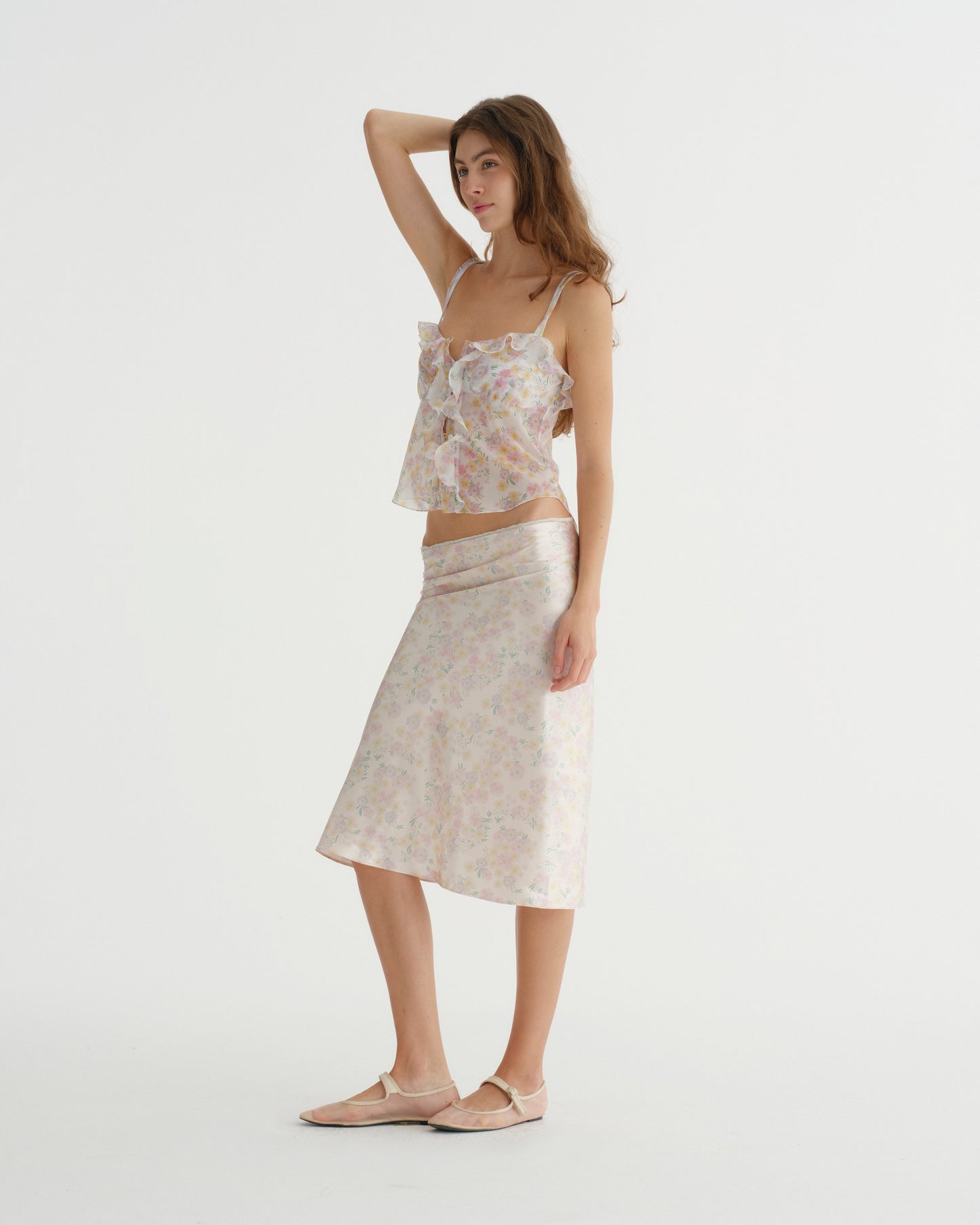 SATIN C FLOWER PRINT SKIRT (YELLOW)