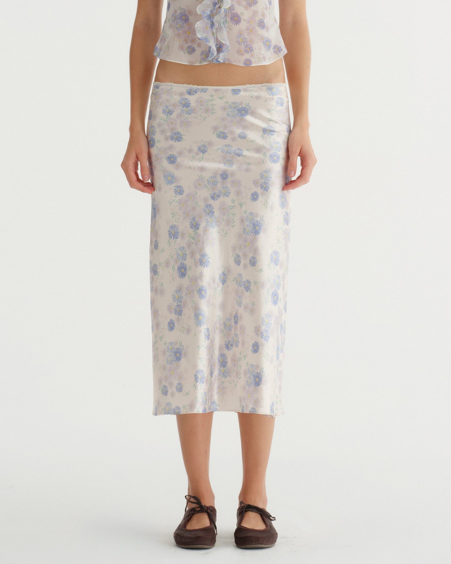SATIN C FLOWER PRINT SKIRT (BLUE)