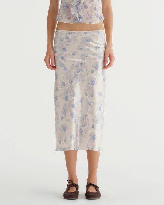 SATIN C FLOWER PRINT SKIRT (BLUE)