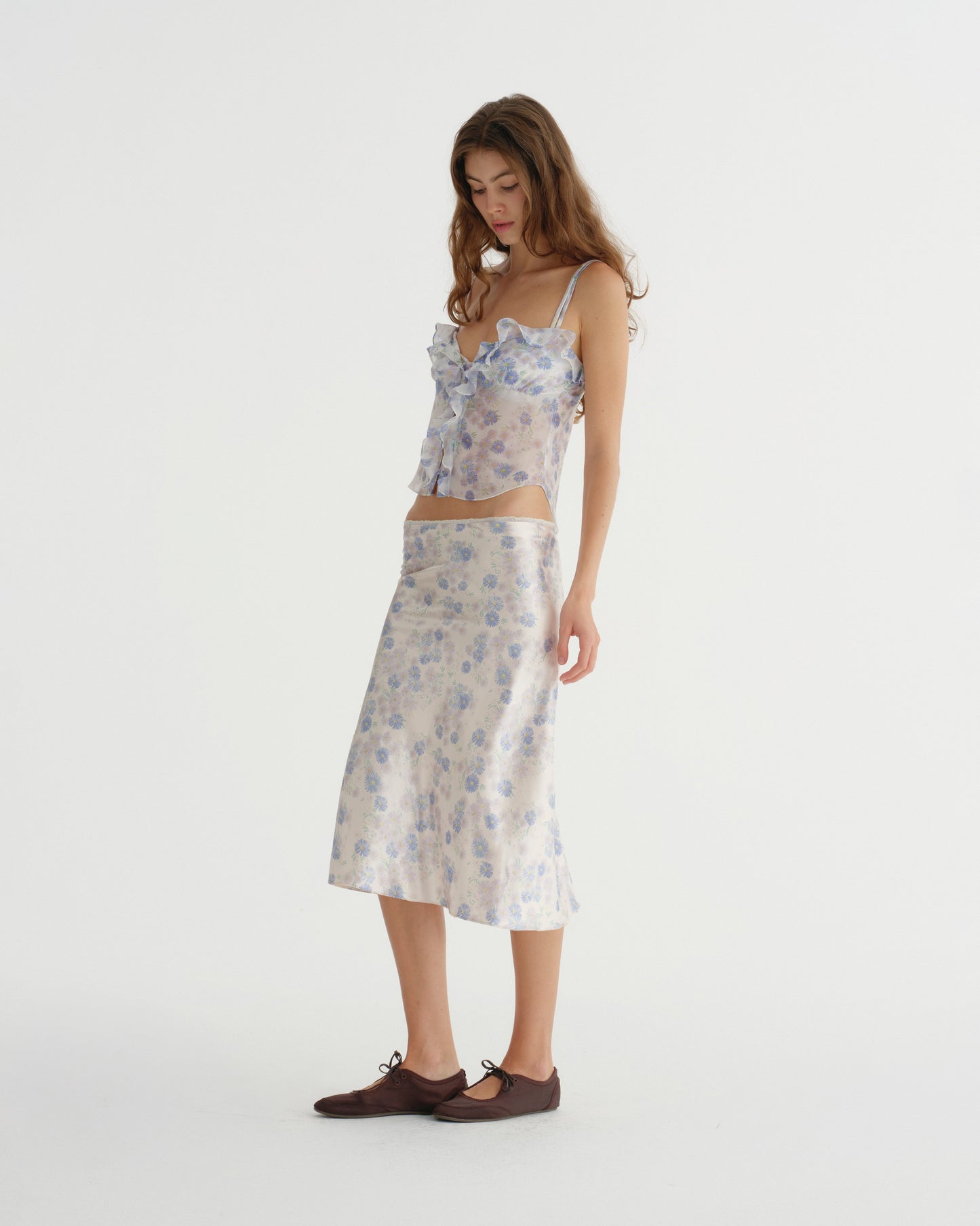 SATIN C FLOWER PRINT SKIRT (BLUE)