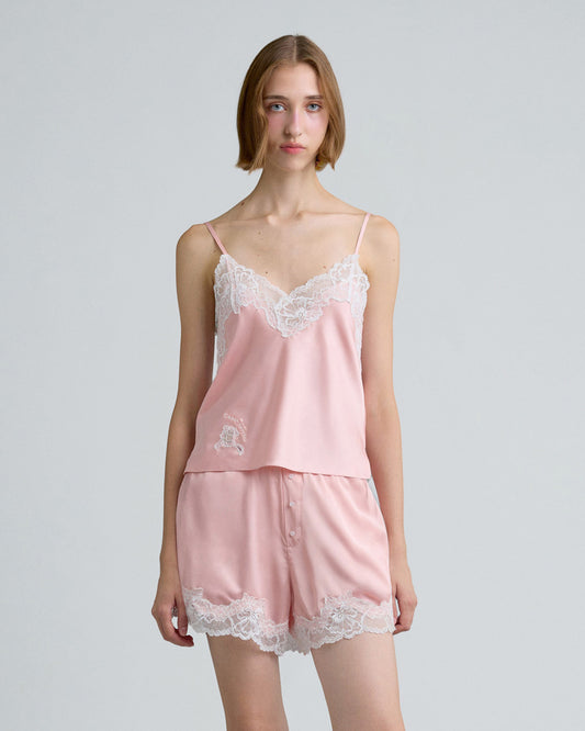 C LACE TRIMMED SATIN SHORTS (PEACH)