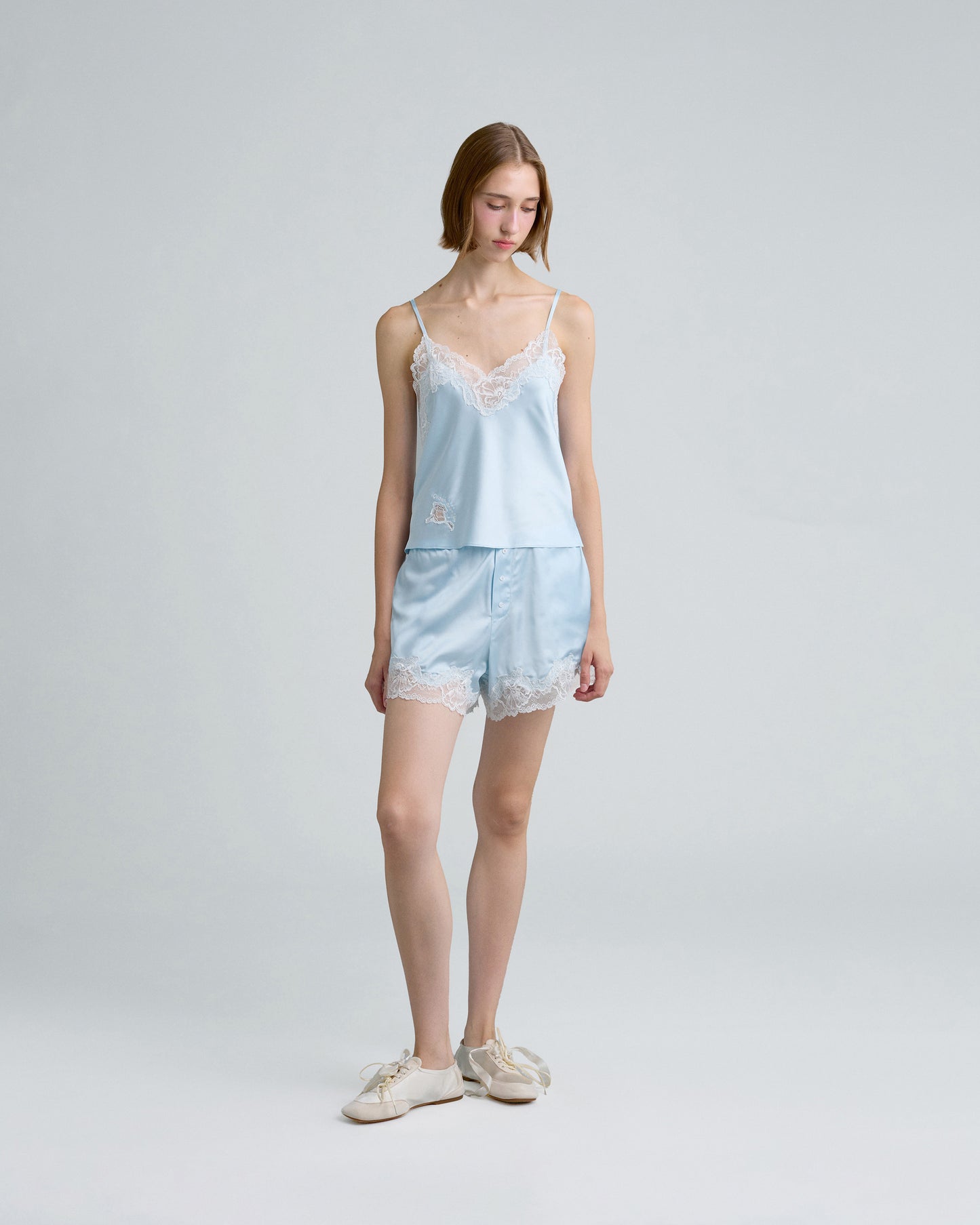 C LACE TRIMMED SATIN SHORTS (BLUE)