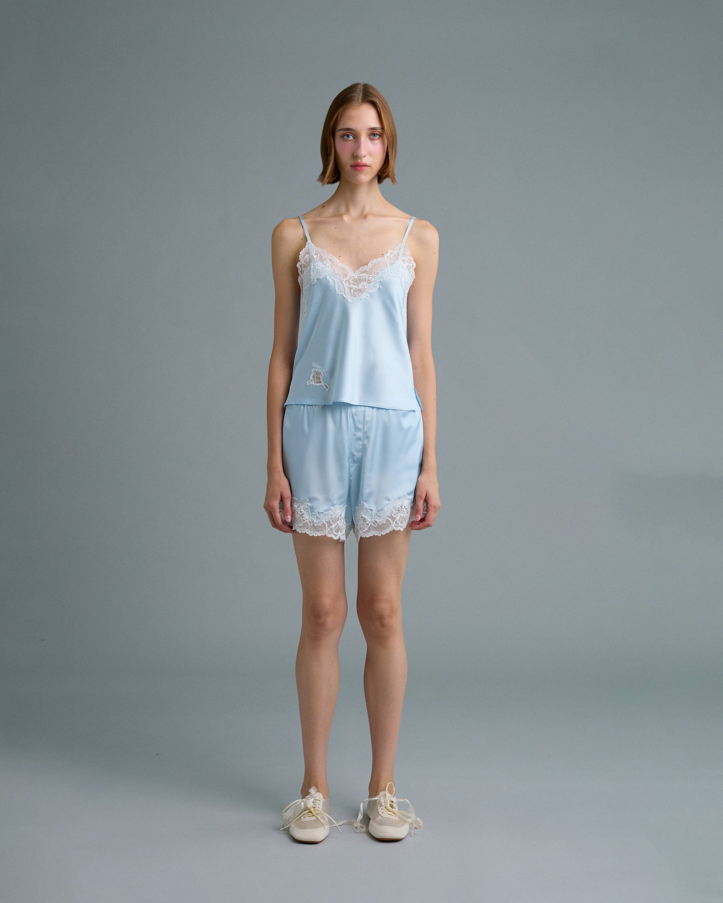 C LACE TRIMMED SATIN SHORTS (BLUE)