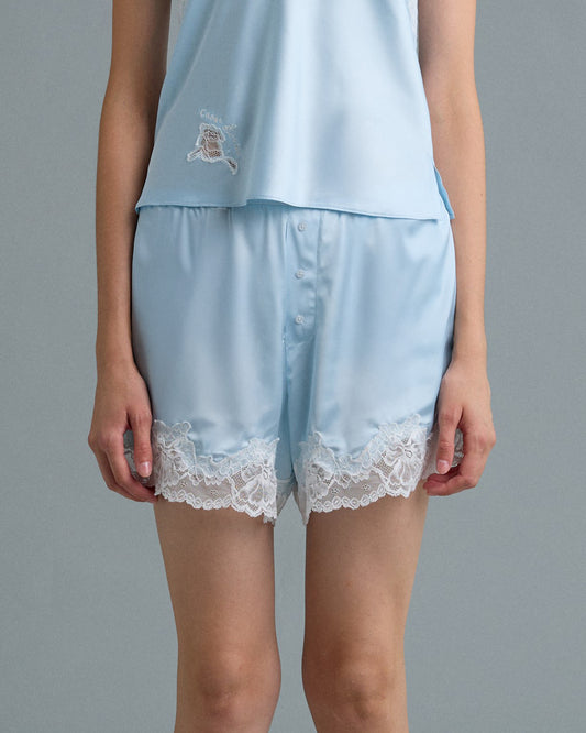 C LACE TRIMMED SATIN SHORTS (BLUE)