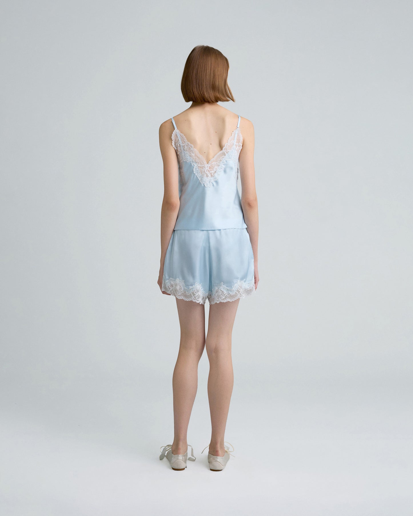 C LACE TRIMMED SATIN SHORTS (BLUE)
