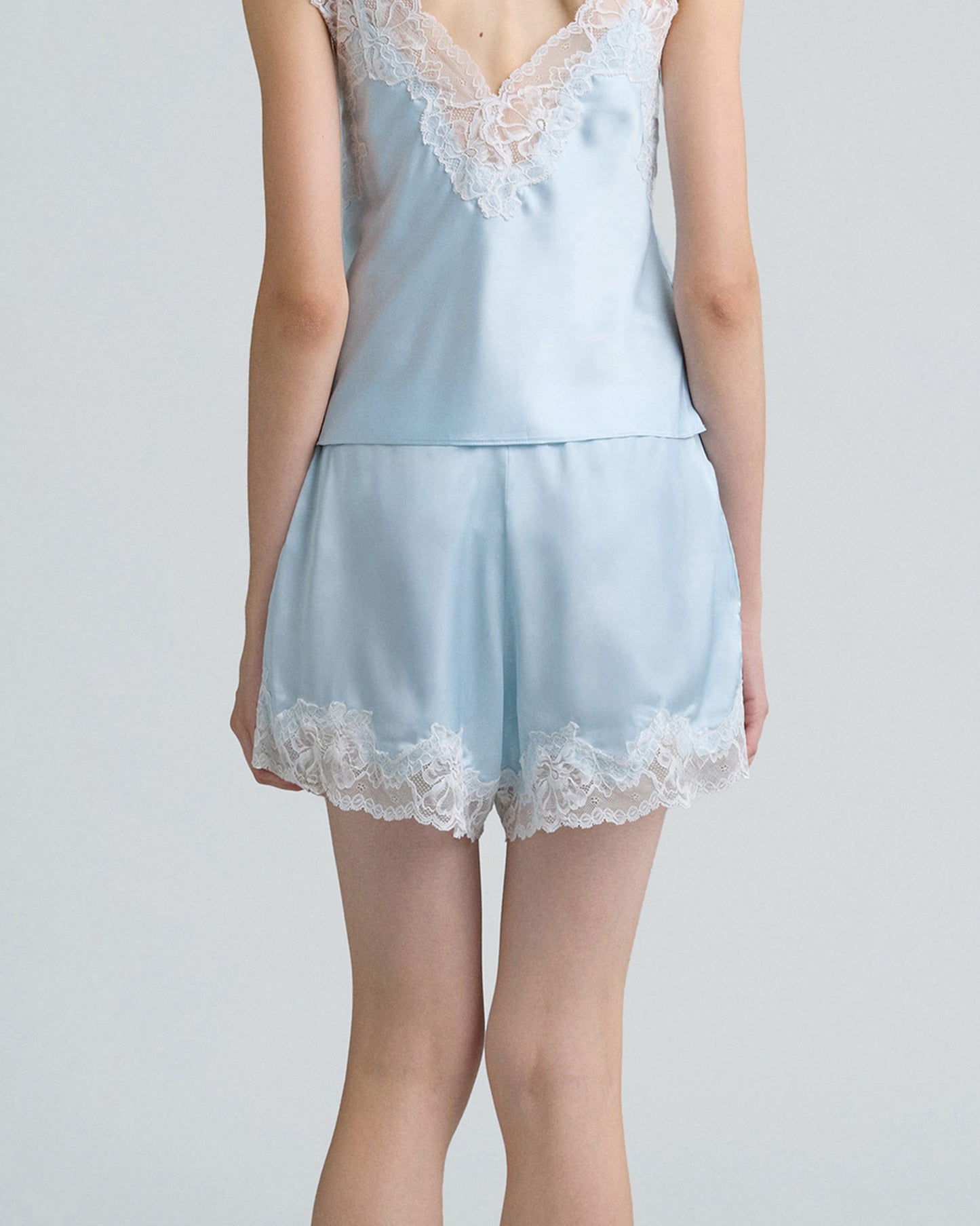 C LACE TRIMMED SATIN SHORTS (BLUE)