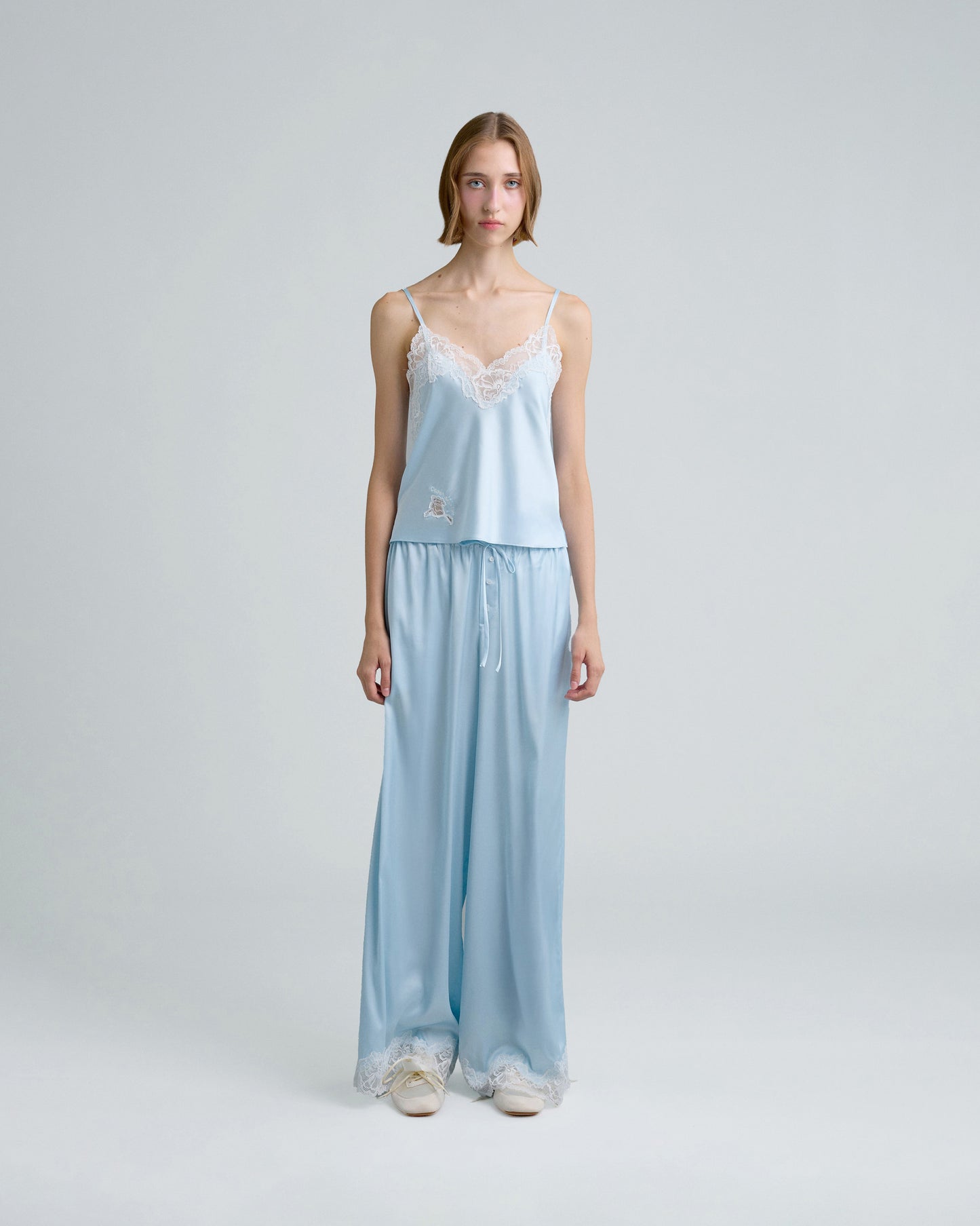 C LACE TRIMMED SATIN PANTS (BLUE)