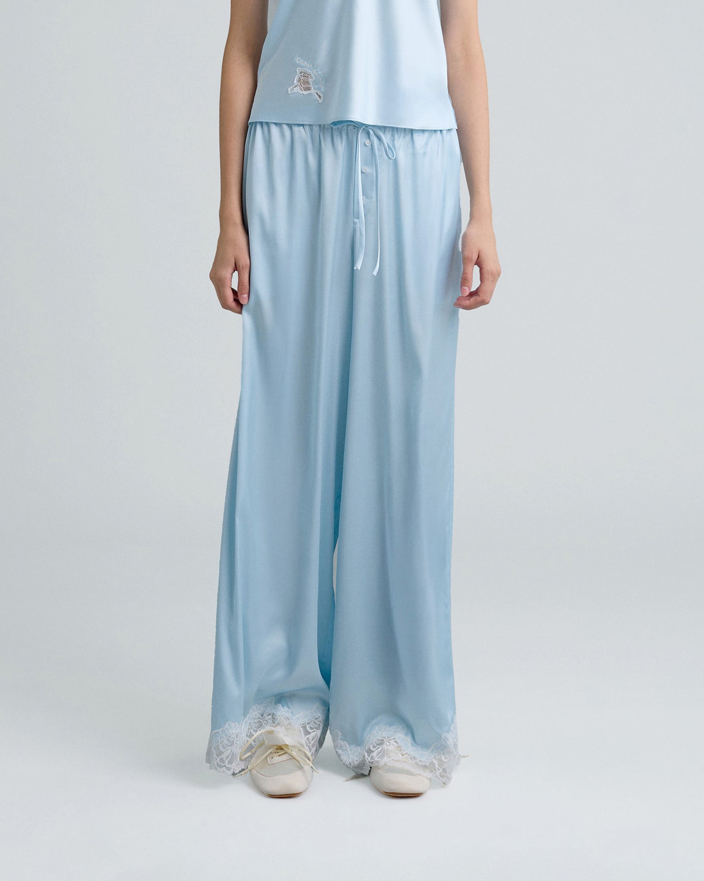 C LACE TRIMMED SATIN PANTS (BLUE)