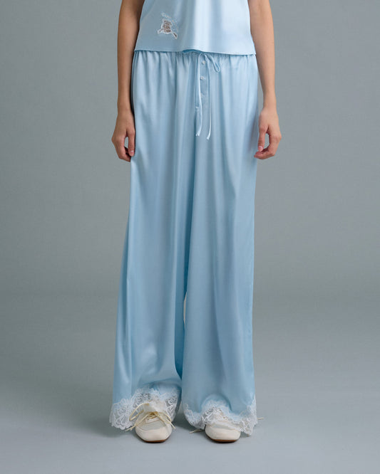 C LACE TRIMMED SATIN PANTS (BLUE)