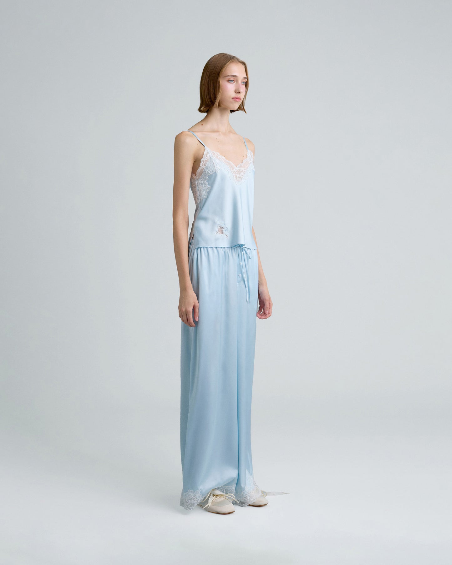 C LACE TRIMMED SATIN PANTS (BLUE)