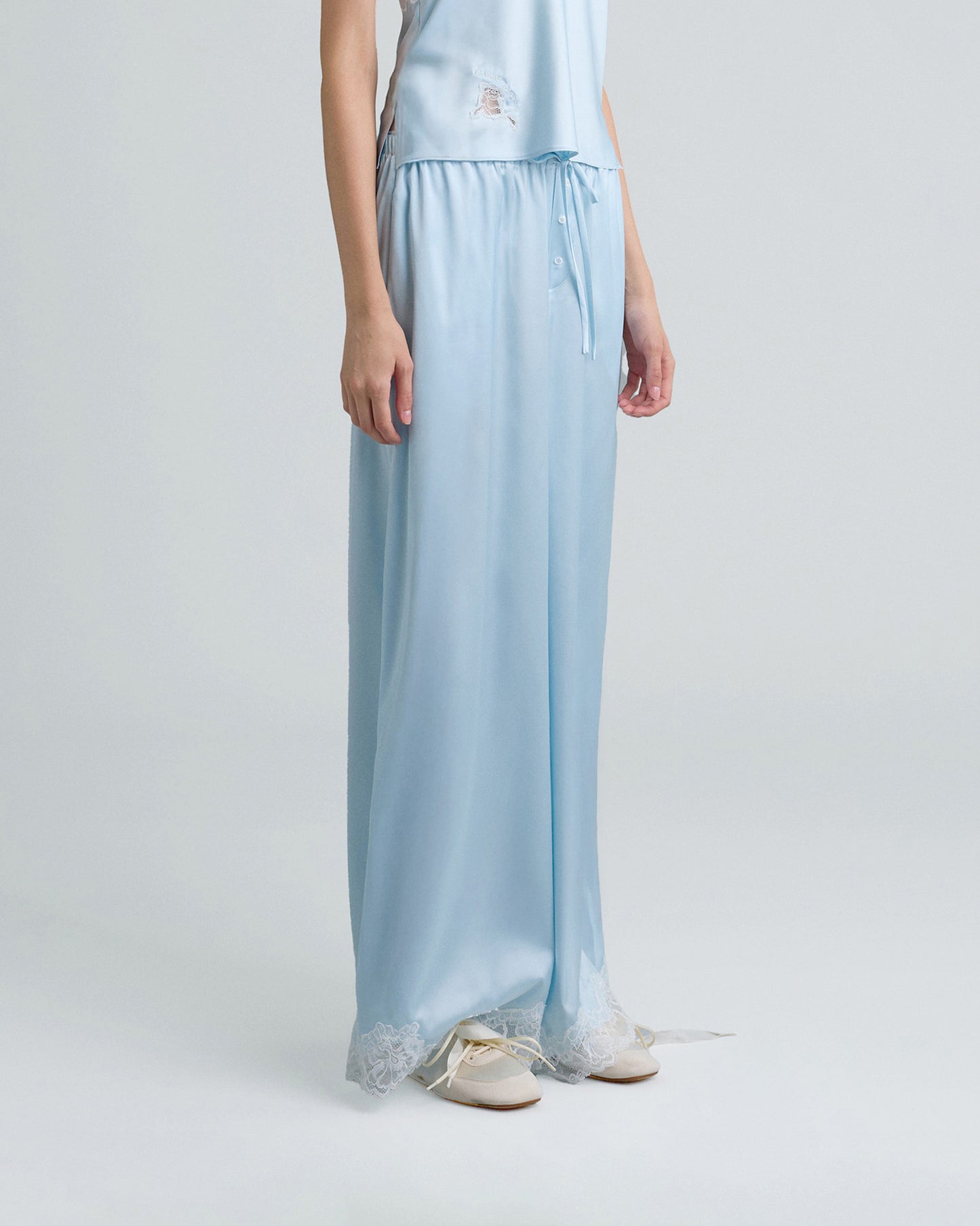 C LACE TRIMMED SATIN PANTS (BLUE)