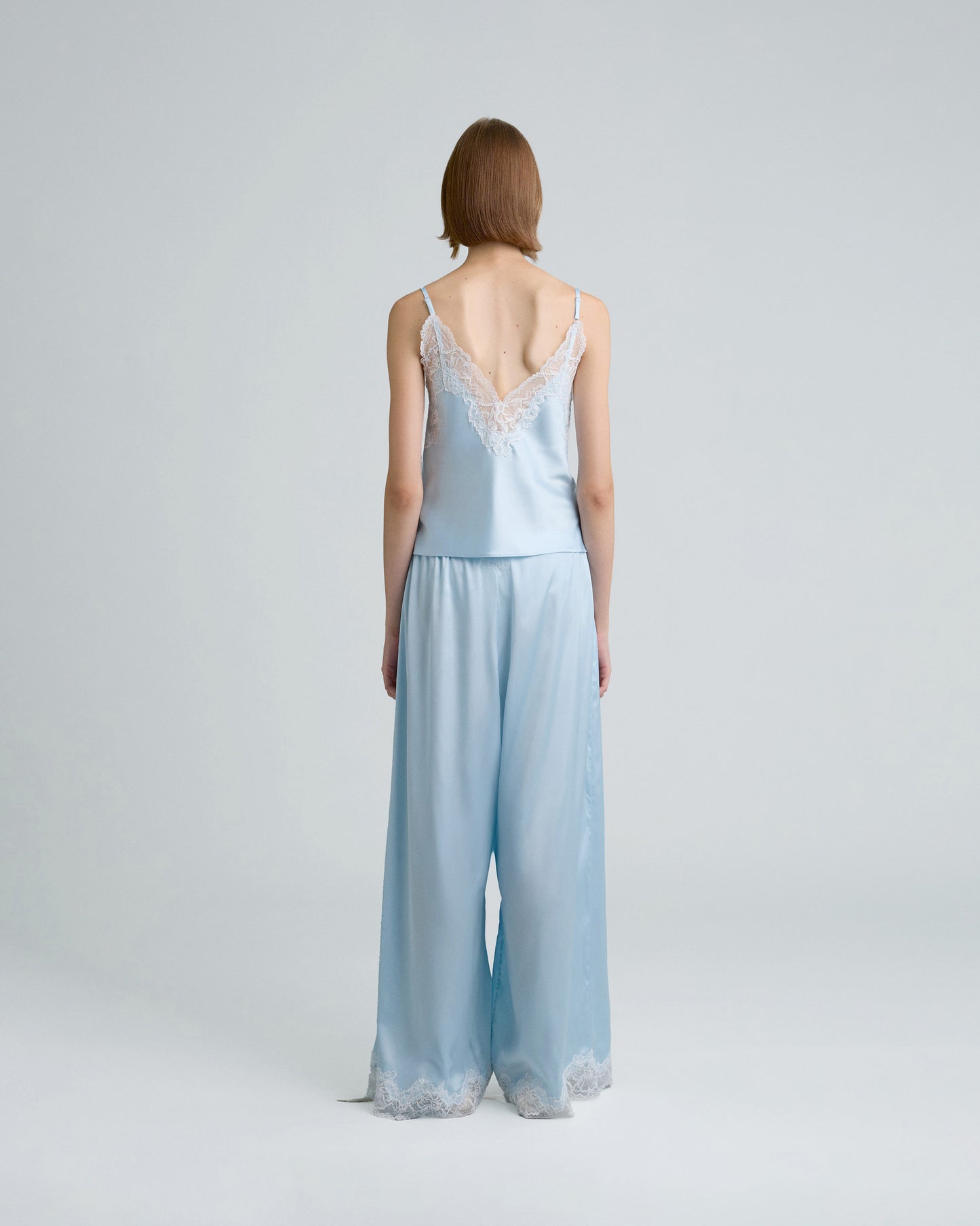 C LACE TRIMMED SATIN PANTS (BLUE)
